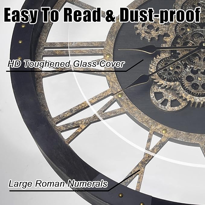 DORBOKER 30" Large Wall Clock Moving Gears,Oversized Industrial Rustic Farmhouse Clocks for Living Room Decor Office Home, Solid Wood Retro Metal HD Tempered Glass Cover,Black and Vintage Bronze