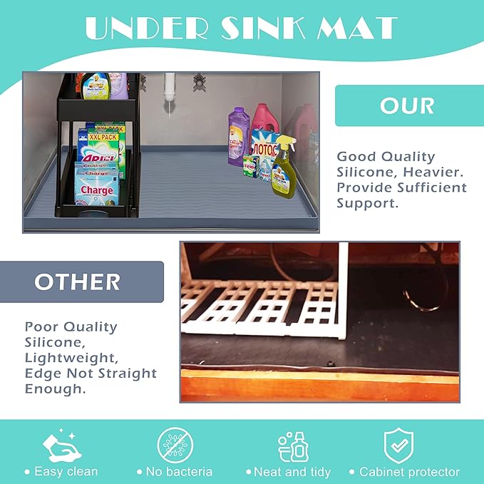 URMONA Waterproof Silicone Under Sink Mat 31'' x 22'' Shelf Liner for Kitchen and Bathroom, Cabinet and Counter Protector, Storage and Organizers, Litter Mat, Pet Cat Puppy Essentials(Cream)