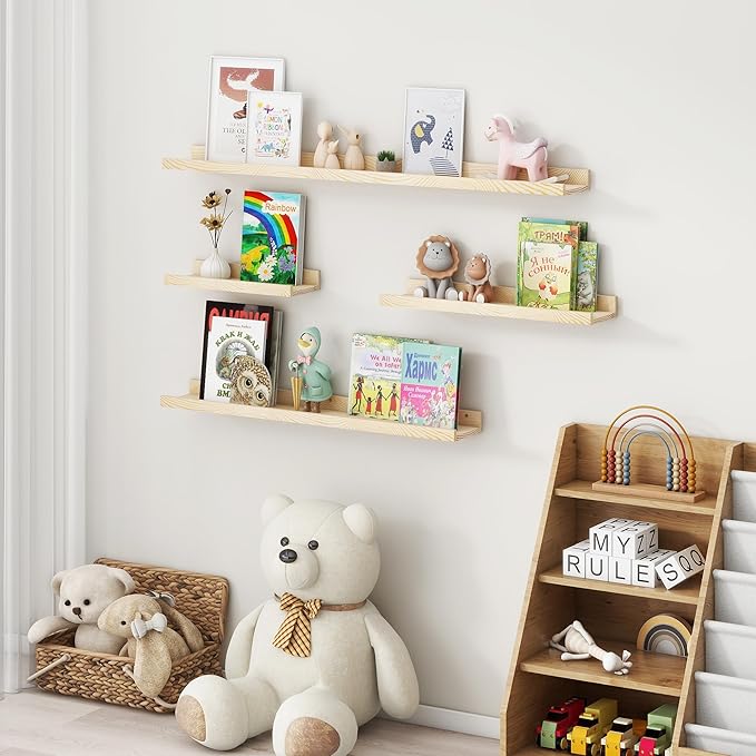 Picture Ledge Shelf, Floating Shelves Set of 2, Solid Pine Wood 72'' Long Large Nursery Book Shelves for Toys Storage, Kids Bookshelf for Living Room Bedroom Decor Books Photo Frames, Natural