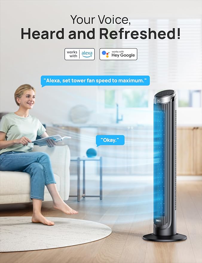 Dreo Smart Tower Fan for Bedroom, 90° Oscillating 40" Standing Fan, 26ft/s High-Speed 5 Speeds 4 Modes, Quiet Room Floor Fans, Touch/Remote/APP & Voice Control, Work with Alexa, 12H Timer, Silver