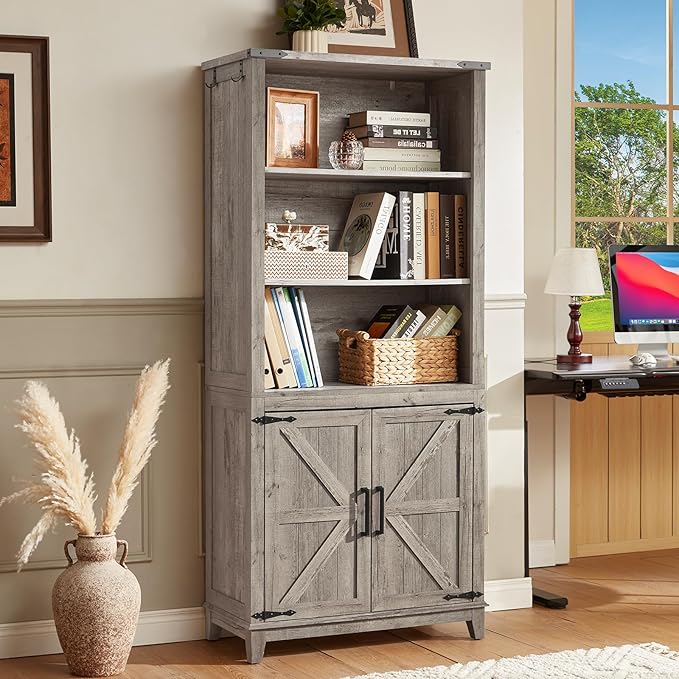 5 Tier Bookshelf 70in Tall Bookcase with Barn Doors and Storage Cabinet, Grey Farmhouse Book Shelf with Adjustable Shelves, Wood Freestanding Display Bookshelves for Bedroom, Kitchen (3PCS)