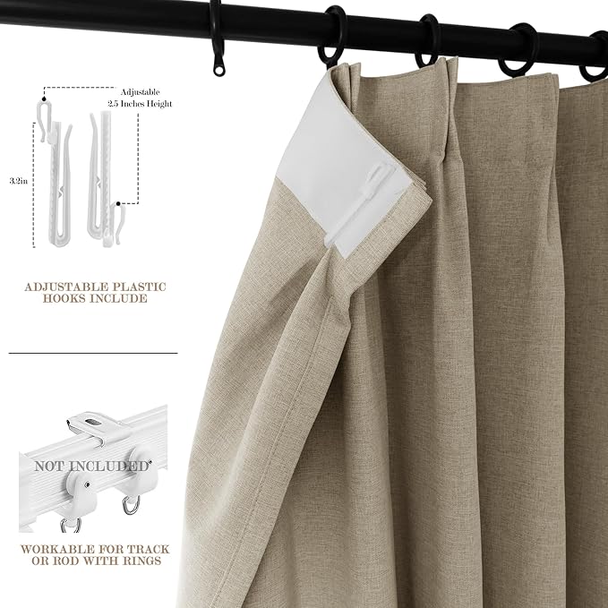 100% Blackout Linen Textured Drapes for Bedroom Pinch Pleated Curtains for Track System Portable Drapery for Sliding Glass Door/Storage/Space Room Divider, 70" Wx96 L, 1 PC, Light Khaki