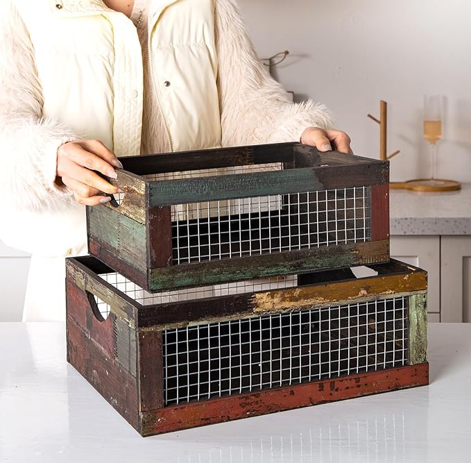 TIMRIS Set of 3 Rustic Wood Nesting Crates, Farmhouse Distressed Wooden Storage Boxes, Decorative Reclaimed Wood Organizer Baskets with Wire Mesh (Random)