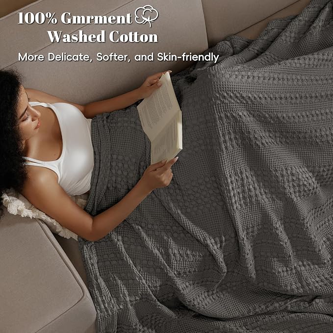 PHF 100% Cotton Waffle Weave Blanket King Size, Soft Lightweight Breathable Cozy Summer Blankets for Bed, Luxury Aesthetic Woven Bedding for Home Decor, 108"x90", Charcoal Grey