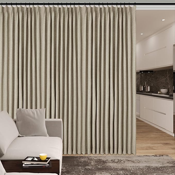120" Wx108 L Linen Room Divider Drapes for Doorway/Glass Window/Sliding Door/Patio, Extra Wide Pinch Pleated Full Blackout Curtains for Girls Boys Teen Kids Room, 1 Panel, Light Khaki