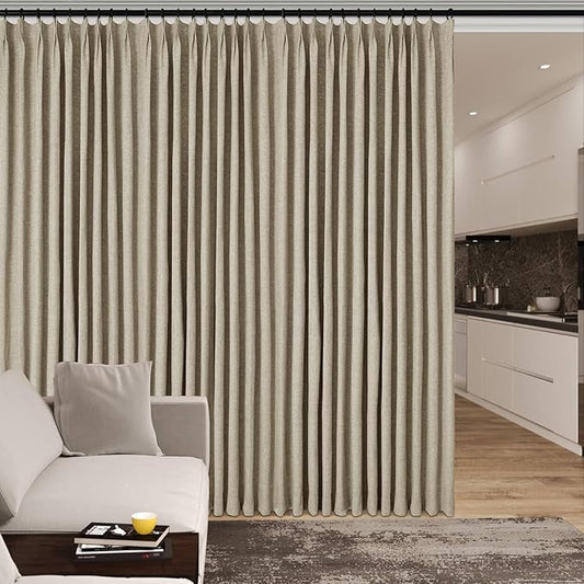 100% Blackout Linen Textured Drapes for Bedroom Pinch Pleated Curtains for Track System Portable Drapery for Sliding Glass Door/Storage/Space Room Divider, 70" Wx96 L, 1 PC, Light Khaki