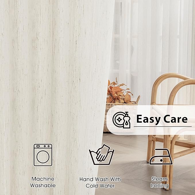 FMFUNCTEX Linen Sheer Curtains for Bedroom, Beige Curtains 63 Inch Length Short Light Filtering Draperies for Living Room, Natural Cream White Light Filtering Farmhouse Curtain Grommet Top 2 Panels
