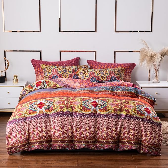 ABREEZE Bohemian Duvet Cover Set Colorful Orange Boho Retro Bedding Set Damask Paisley Cotton Duvet Cover Tribal Reversible Bedding Exotic Style Comforter Cover 3-Piece Twin
