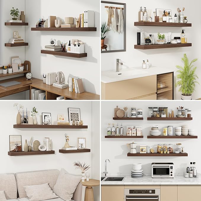fuqing Floating Shelves for Wall, Bathroom Shelf Wall Mounted for Storage, Shelves with Invisible Bracket for Bedroom, Kitchen, Living Room, Farmhouse Small Book Shelf, 48 Inch Set of 2, Walnut