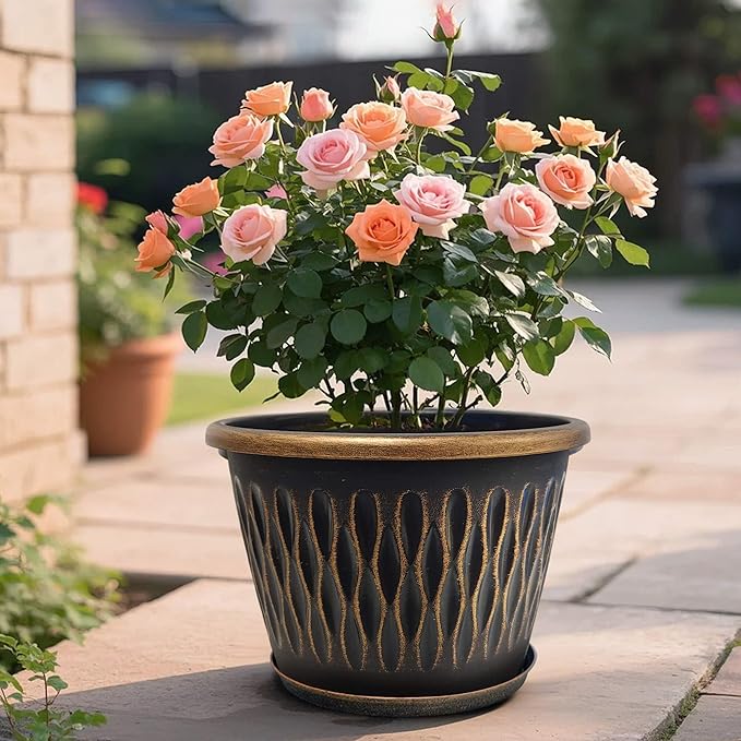 4 Pack 12 Inch Retro Plant Pots, Vintage Striped Flower Pots with Drainage Hole & Saucer, Large Plastic Planters for Indoor and Outdoor Plants, Decorative Garden Pots(Gold)
