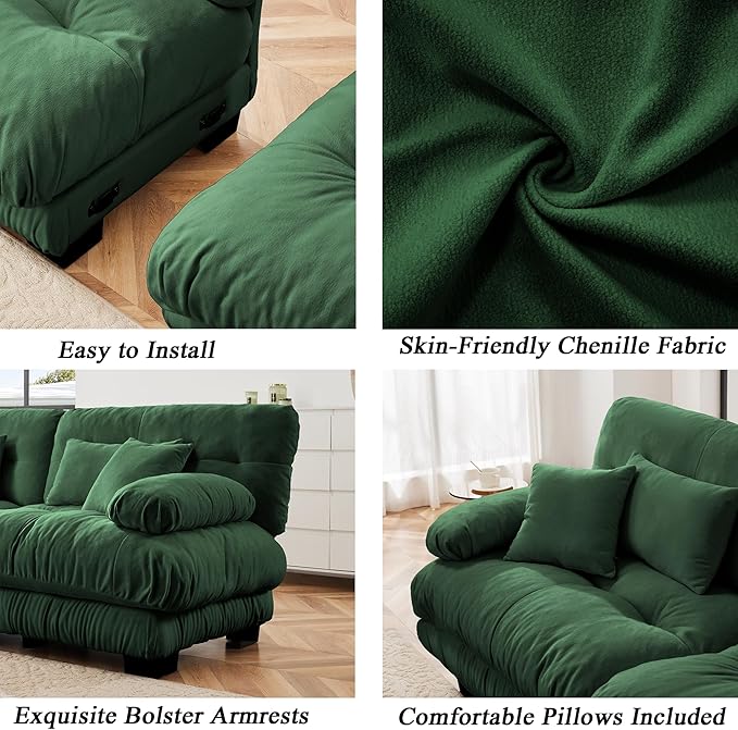 Modular Sectional Sofa, Comfy Cloud Couch 4 Seater Couch with Ottoman, Sectional Couches for Living Room, Modern Chenille U Shaped Couches, Sleeper Deep Seat Sofa with Throw Pillows, Green