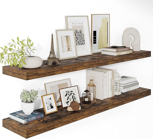 12" Deep Floating Shelves for Wall 48 Inches Long, Heavy Duty Wall Shelves for Bedroom Bathroom Kitchen Laundry Room, Farmhouse Rustic Shelves for Home Decor, 48" X 12" X 2" Set Of 2, Rustic Brown