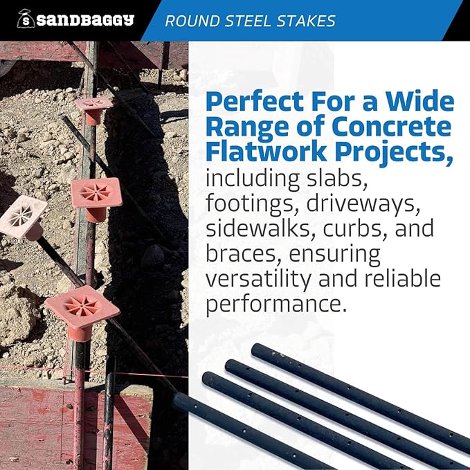 Sandbaggy Round Steel Concrete Form Stakes with Nail Holes - Rust Resistant Coating - Removable, Reusable (10, 3/4 in X 48 in)