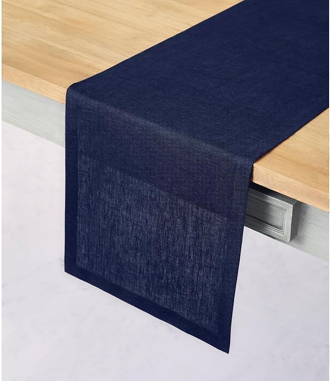 Solino Home Linen Navy Table Runner 48 Inches - 100% Pure Linen Small Table Runner 14 x 48 Inch Ideal for Dresser and Coffee Tables - Fall, Autumn, Thanksgiving - Fete