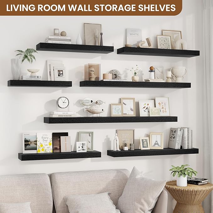 fuqing Floating Shelves for Wall, Bathroom Shelf Wall Mounted for Storage, Shelves with Invisible Bracket for Bedroom, Kitchen, Living Room, Farmhouse Small Book Shelf, 55 Inch Set of 2, Black