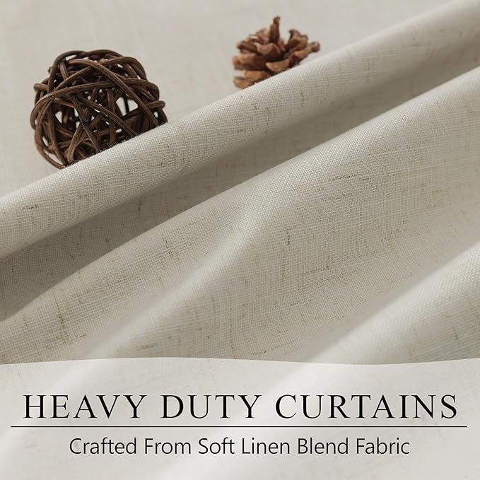 Flax Linen Blackout Living Room Curtain 84 Inch Long 2 Panel Tan Beige Black Out Burlap Farmhouse Insulated Thermal Curtain for Summer Heat Nursery Room Darkening Drapes Bedroom Back Tab 52x84 Length