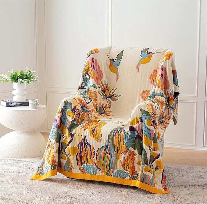 100% Cotton Throw Blanket for Bed Couch Summer 98''x 98'' Super Soft Muslin Blankets Warm Boho Quilt Lightweight Farmhouse Decorative Bed Blankets