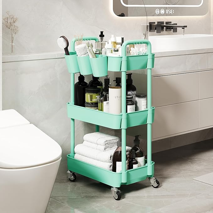 UDEAR 3-Tier Rolling Utility Cart,Multifunctional Storage Shelves with Handle and Lockable Wheels for Room,Office,Kitchen,Bathroom,with 3 Hanging Cups,Green
