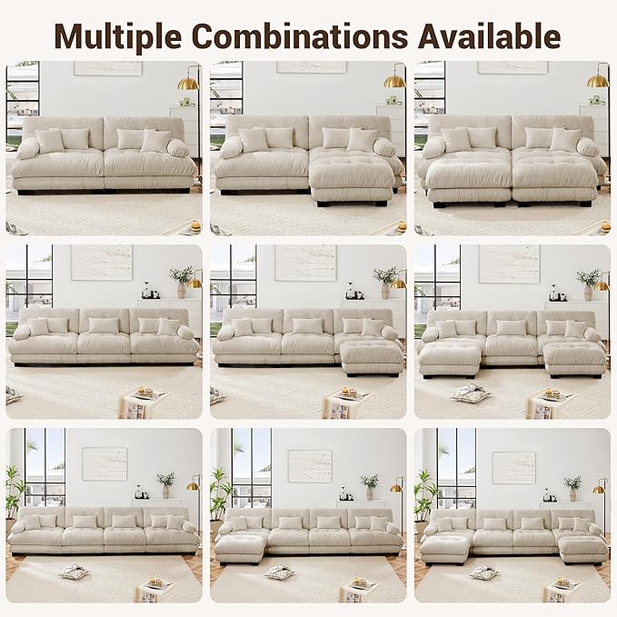 Modular Sectional Sofa Cloud Couch 4-Seater Deep Seat Sofa Couch, Oversized Couch Bed Sectional Couch with Round Bolster Armrests 6 Pillows, Modern Sofa Chair Comfy Couch