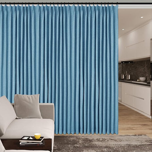 100% Blackout Linen Textured Drapes for Bedroom Pinch Pleated Curtains for Track System Portable Drapery for Sliding Glass Door/Storage/Space Room Divider, 70" Wx96 L, 1 PC, Blue