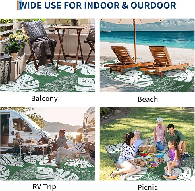 GAOMON Outdoor Rug 8x10 Patio Waterproof Reversible Plastic Straw Rug Modern Foldable Lightweight RV Camping Mat with Portable Bag & 4 Stakes, UV Resistant & Sturdy for Picnic Deck Balcony, Green