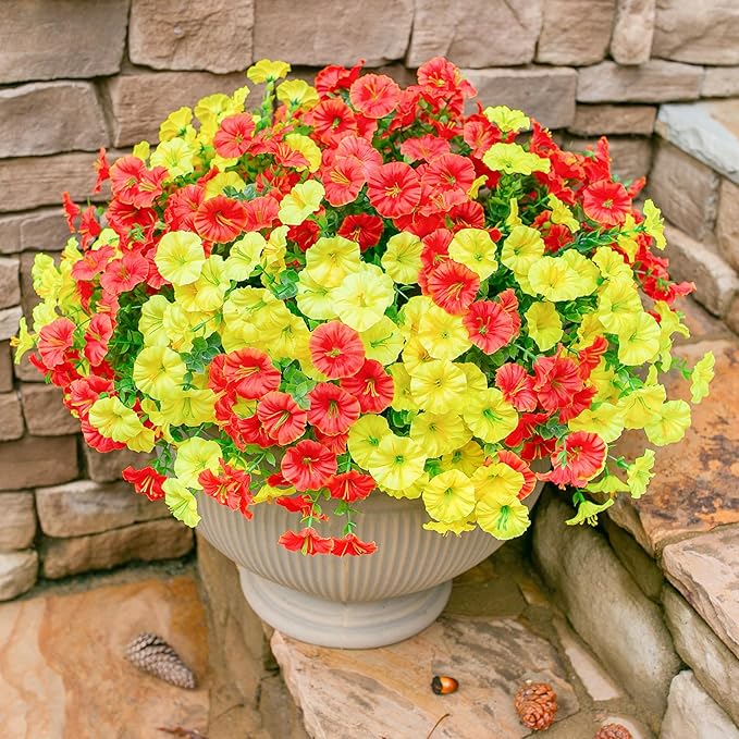 Artificial Mums for Outdoors Fake Fall Flowers Plants for Autumn Decoration, 12 Bundles Silk Morning Glory with Eucalyptus Look Real UV Resistant Faux Mums for Outside Planters Yard Patio Porch, Mix