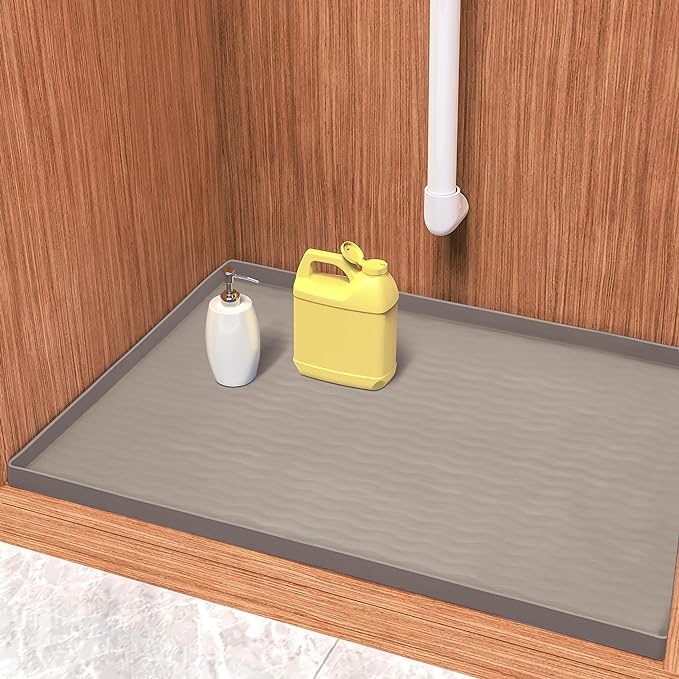 URMONA Waterproof Silicone Under Sink Mat 16'' x 10'' Shelf Liner for Kitchen and Bathroom, Cabinet and Counter Protector, Storage and Organizers, Litter Mat, Pet Cat Puppy Essentials(Beige)