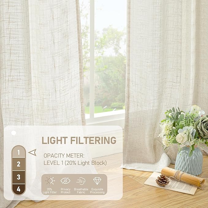 LAMIT Natural Linen Curtains 84 Inches Long for Living Room, Bronze Grommet Cream Ivory Light Filtering Window Treatments Semi Sheer Neutral Drapes for Bedroom, 60 x 84 Inch 2 Panels Set
