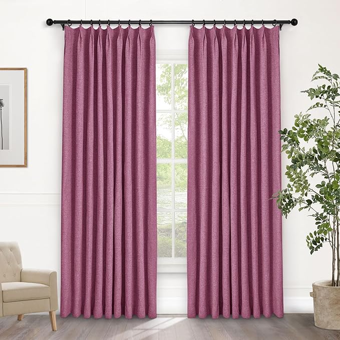 Macochico 100% Blackout Pinch Pleated Linen Curtains Thermal Window Treatments Sound Reducing Curtains for Bedroom Living Room Lilac Farmhouse Burlap Drapes with Tieback 52”Wx63”L 1 Panel