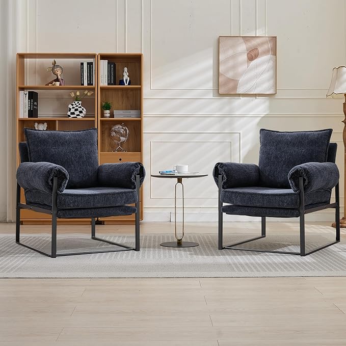 YISHENG Accent Chair with 6-Angle Adjustable Backrest, Chenille Fabric Living Room Chair Upholstered Lounge Chair, Modern Chair Cozy Reclining Chair for Reading Room, Set of 2 Dark Blue