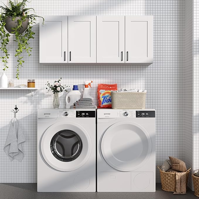 White Laundry Room Cabinets and Storage with 4 Doors and Utility Adjustable Shelf，Gabinetes Para Cocina Cupboard Kitchen Organizers and Storage Pantry Wall Mounted 12.4"D x 47.2"W x 19.7"H