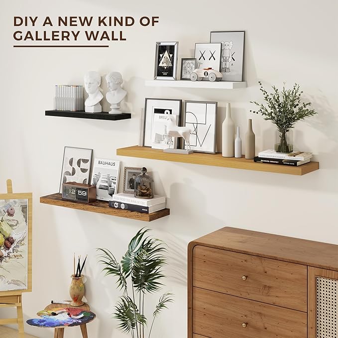 24 inch Floating Shelves Long Floating Shelves for Wall Large Wall Mounted Shelves with Invisible Brackets, Brown Shelves for Bathroom, Living Room, Kitchen, Office, 24x6.7 inch deep Set of 2