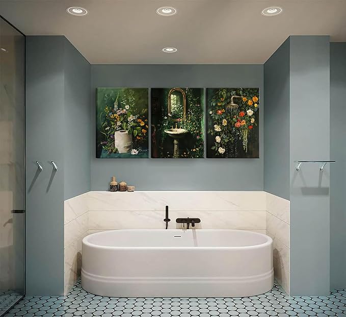 3Pcs Framed Vintage Dark Green Bathroom Wall Art Shower Toilet Paper Roll Floral Poster Print Modern Farmhouse plants Painting Picture Wall Decor For Bathroom Living Room Decoration