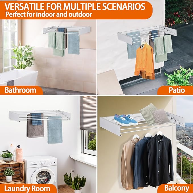 FOCHIER F Laundry Drying Rack Wall Mounted Clothes Drying Rack Collapsible with 5 Aluminum Rods and Drilling Template Long Screwdriver Bit 60 lbs Capacity (White, 31.5")