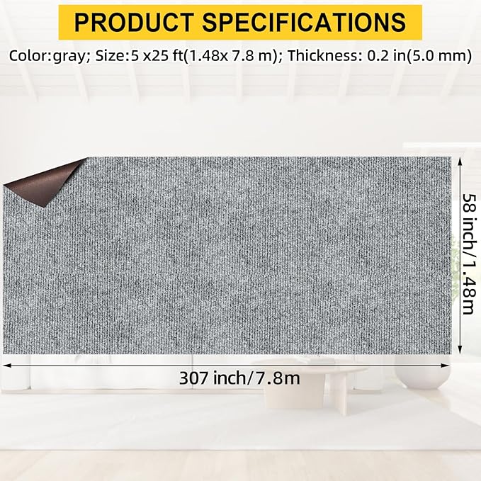 Marine Carpet,5 FT x 25 FT Smoke Gray Indoor Outdoor Carpet 0.2" Thick Boat Carpet with Water-Proof TPE Backing, Non-Slide Outdoor Marine Carpet Roll for Home, Patio, Porch, Deck