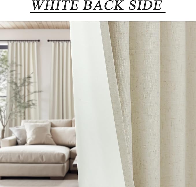 Neutral Blackout Nursery Curtains 102 Inches Long for Living Room Divider 2 Panel Weather Blocking Light Lightweight Blackout Curtains for Sliding Doorway Bedroom Darkening Tan Beige Thick Linen Drape