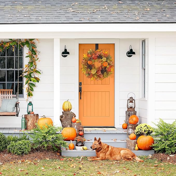 Fall Wreaths for Front Door 26'' Autumn Velvet Pumpkin Wreath with Metal Hook Large Harvest Maple Wreath Fall Decoration for Home Halloween Thanksgiving Decoration, Briful