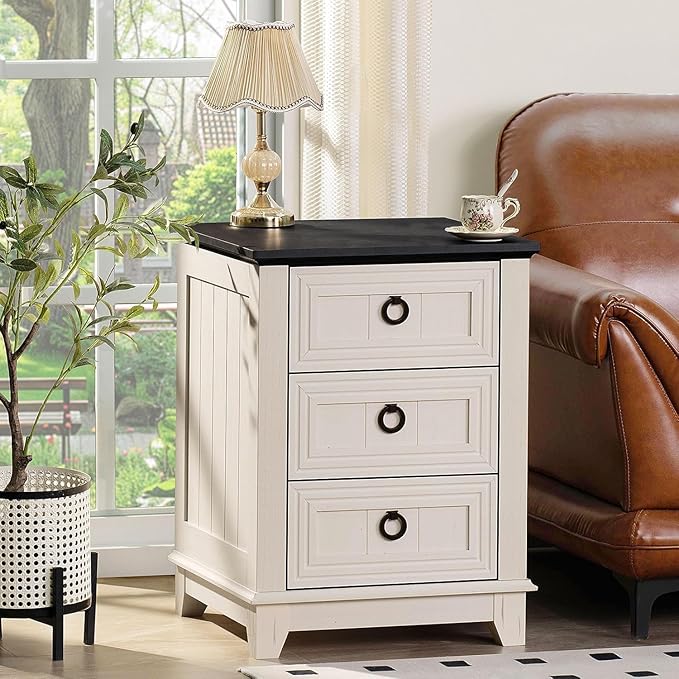 18" Farmhouse Night Stands Set of 2 with Charging Station, 2 & 3 Drawers End Table Dresser for Bedroom, White Wooden Nightstand, Bed Side Table with Open Shelf, Bedside Cabinet for Living Room