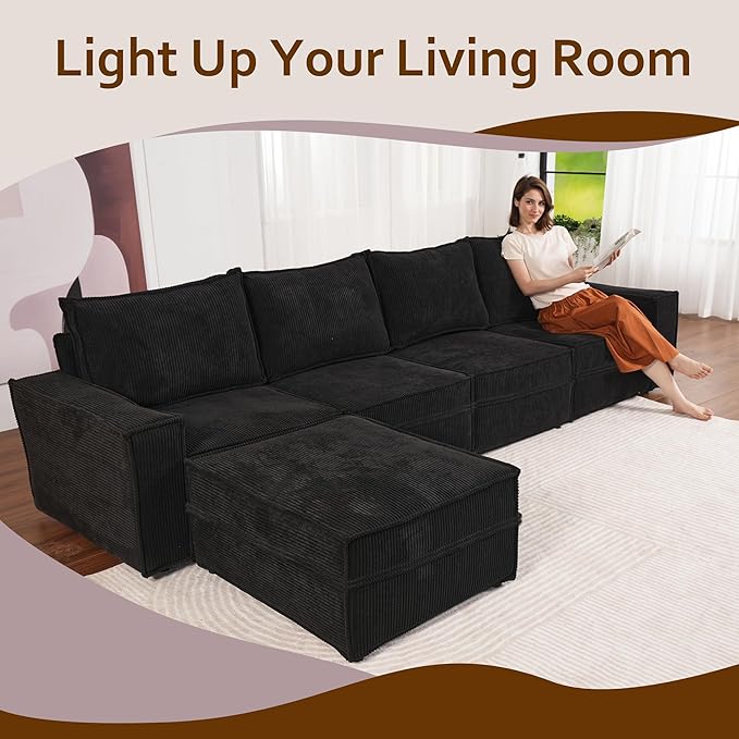 HOOOWOOO Modular Sectional Couch Sofa,125X69 U L Shaped Oversized Couch Sets Free Combination,6 Pieces Extra Deep Sofa with Ottoman for Living Room(Black Corduroy)