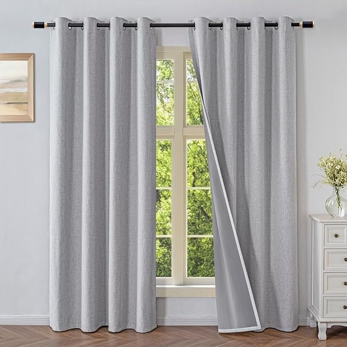 Blackout Curtains 90 Inch Length 2 Panels Set, 100% Black Out Textured Thermal Curtains, Grommet Light Blocking Drapes for Living Room Bedroom Luxury Decor(52W × 90L inch, Greyish White)