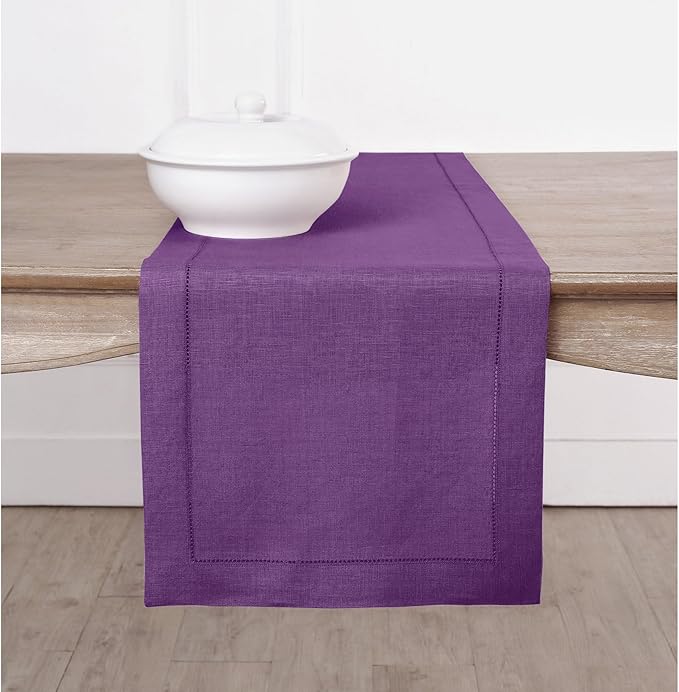 Solino Home Linen Purple Table Runner 108 Inches Long - 100% Pure Linen Hemstitch 14 x 108 Inch Table Runner for Dining, Fall, Autumn, Halloween, Thanksgiving - Classic Hemstitch