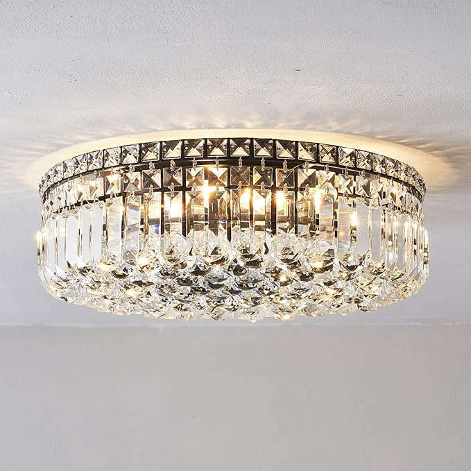 6-Lights Black Crystal Flush Mount Chandelier Light Fixture K9 Crystals Modern Ceiling Lights Elegant Pendant Lamp for Bedroom,Hallway,Bar,Living Room,Dining Room,H5.9 xW20 (Bulbs Not Included)