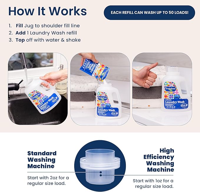 Laundry Wash Detergent for Sensitive Skin, Gentle & Safe for Baby Clothes | Plant-Based, Natural Ingredients | Unscented | Include 1 Refillable Bottle (150 Loads)