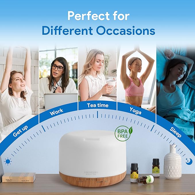 ASAKUKI 500ml Premium, Essential Oil Diffuser with Remote Control, 5 in 1 Ultrasonic Aromatherapy Fragrant Oil Humidifier Vaporizer, Timer and Auto-Off Switch Brown