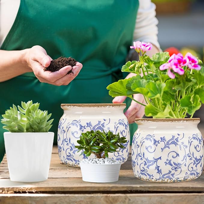 1 Pcs Vintage Planter Large Ceramic Plants Pot Blue Chinoiserie Crack Cottage Scroll Vase Flower Vase Pot Indoor Plants Home Kitchen Decor Farmhouse Antique Decorative Gift