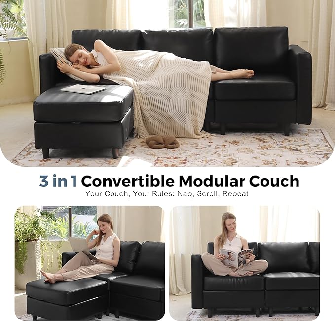 118.5" Faux Leather Modular Sectional Sofa, L Shaped Couch Set for Living Room, 5-Seater Comfy Cloud Couches with Movable Storage Ottoman,DIY Combination - Black