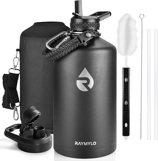 One Gallon Water Bottle Insulated, Triple Walled Vacuum Stainless Steel (Cold for 48 Hrs), Leak Proof & Non-BPA, Large Water Flask Jug with Paracord Handle & Straw Spout Lids