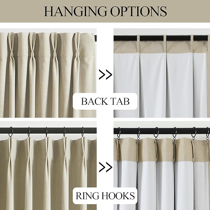 Vision Home Sand Pinch Pleated Full Blackout Curtains Linen Blended Room Darkening Window Curtains 102 inch for Living Room Bedroom Thermal Insulated Pinch Pleat Drapes with Hooks 60" Wx102 Lx1