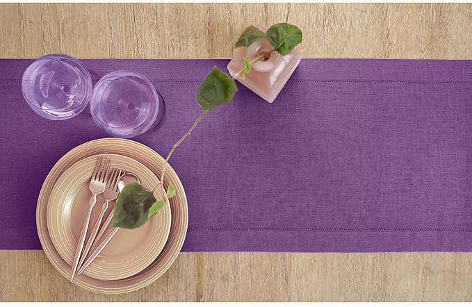 Solino Home Linen Purple Table Runner 36 Inches - Classic Hemstitch, 100% Pure Linen Coffee Table Runner 14 x 36 Inch Ideal for Dresser Tables - Fall, Autumn, Halloween, Thanksgiving