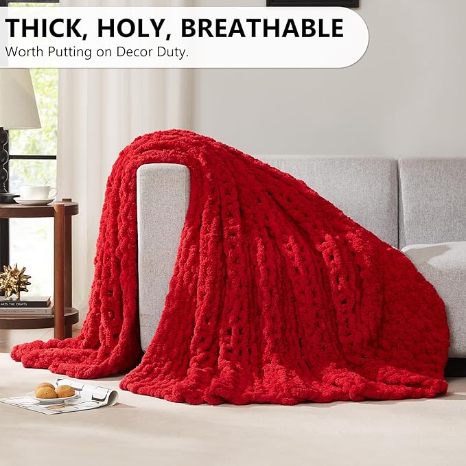 L'AGRATY Chunky Knit Blanket Throw - Soft Chunky Throw Blanket 30x40: 100% Hand Kintted Chenile Crochet Blanket Large Cable Knit Chunky Blanket - Rope Knot Throw Blanket for Couch Home Decor(Red)